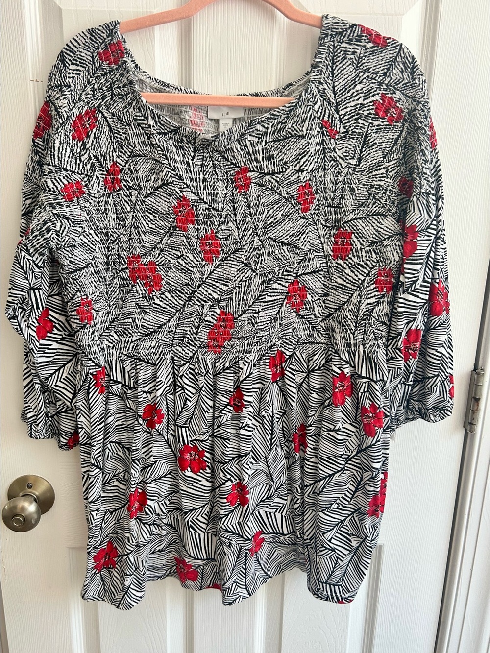 I. Jill Black & White Floral Tunic with Red Accents